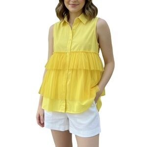 # A090   N BY NANCY Cottage Core  Yellow  Hi-Lo Ruffle Organza Top  S  NWT